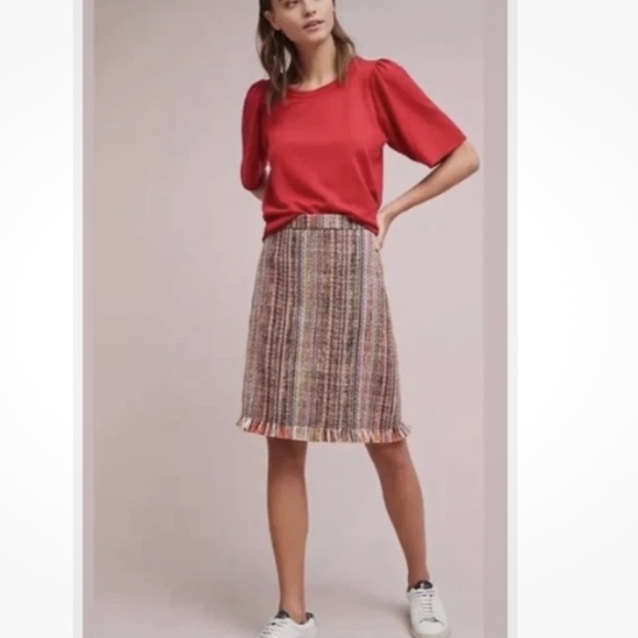 Anthropologie Sz 2 Tweed Fringe Hem Pencil Skirt Multicolor Cotton Acrylic - Picture 3 of 9